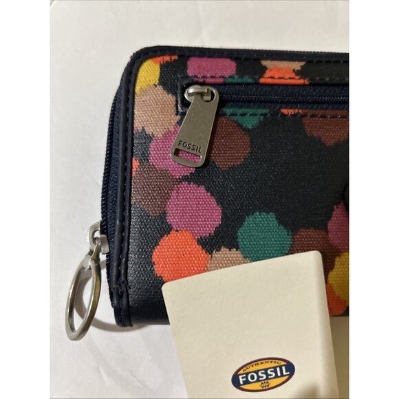Fossil Key-Per Zip Around Wallet Color Print Canvas Key Ring Multicolor New - Picture 2 of 9